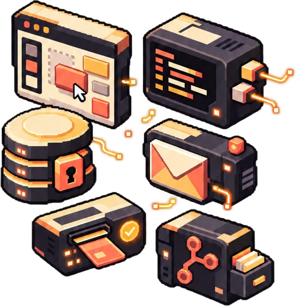 Seis módulos em pixel art, um para cada papel: tela, terminal de código, banco de dados, envio de e-mail, pagamento e arquivo de versões.